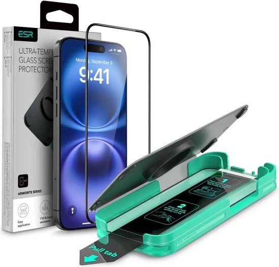 Een iPhone met installatieframe en screenprotector. De verpakking van de ESR Armorite series is zichtbaar. Instructie 1 is zichtbaar op het frame.