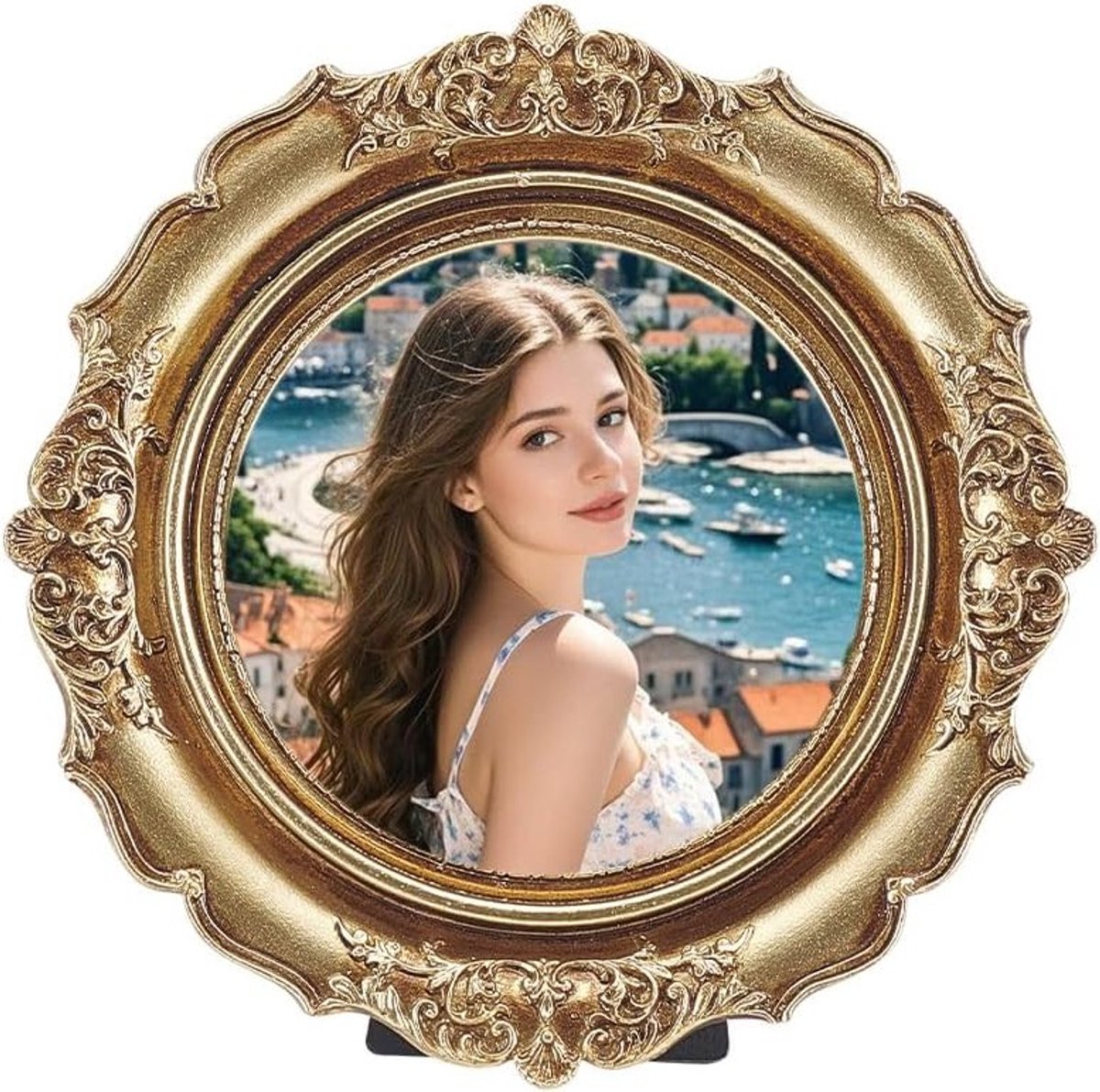 Ronde vintage fotolijst in goud, Europese stijl, perfect voor thuisdecoratie en bureau, 18.3 x 18.3 cm, ideaal voor herinneringen en kunstwerken