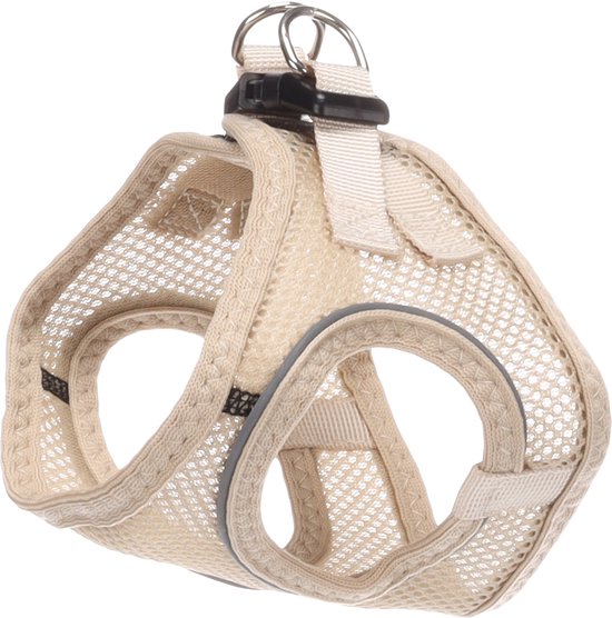 Beige mesh hondentuigje met verstelbare banden en metalen gesp.