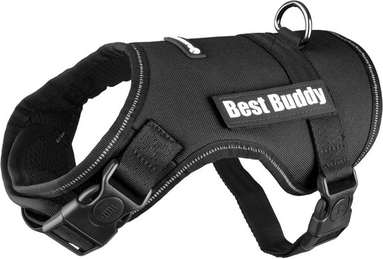 Zwart hondentuig van Best Buddy met reflecterende randen en verstelbare banden met gespen.