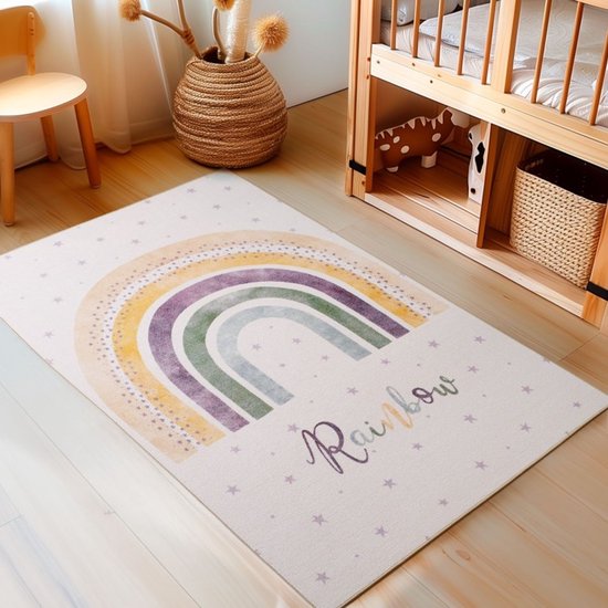 Tapis pour enfants avec motif arc-en-ciel, couleur crème, matière latex, pour la chambre à coucher, design moderne 160x230 cm