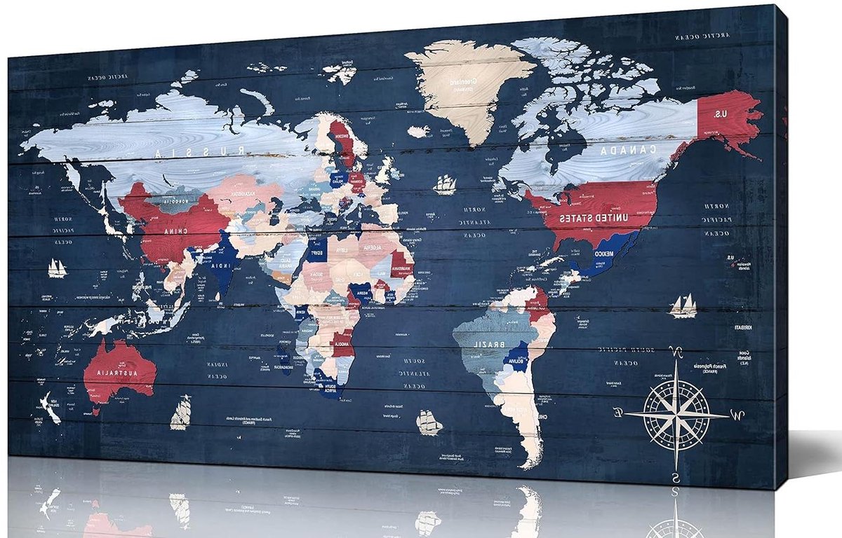 Wereldkaart Muurdecoratie - Canvas Kunst - Woonkamer Decoreren - Klaar om op te hangen - 152 x 76 cm - Blauw