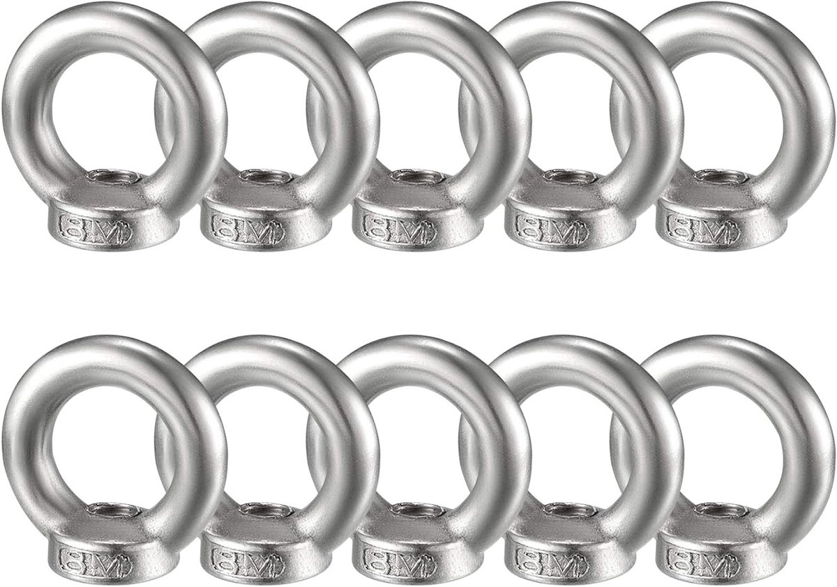 10-delige M8 Ring Moer Set van RVS voor Hefaccessoires, Draadmoeren met Gepolijste Afwerking, Duurzaam en Roestvrij