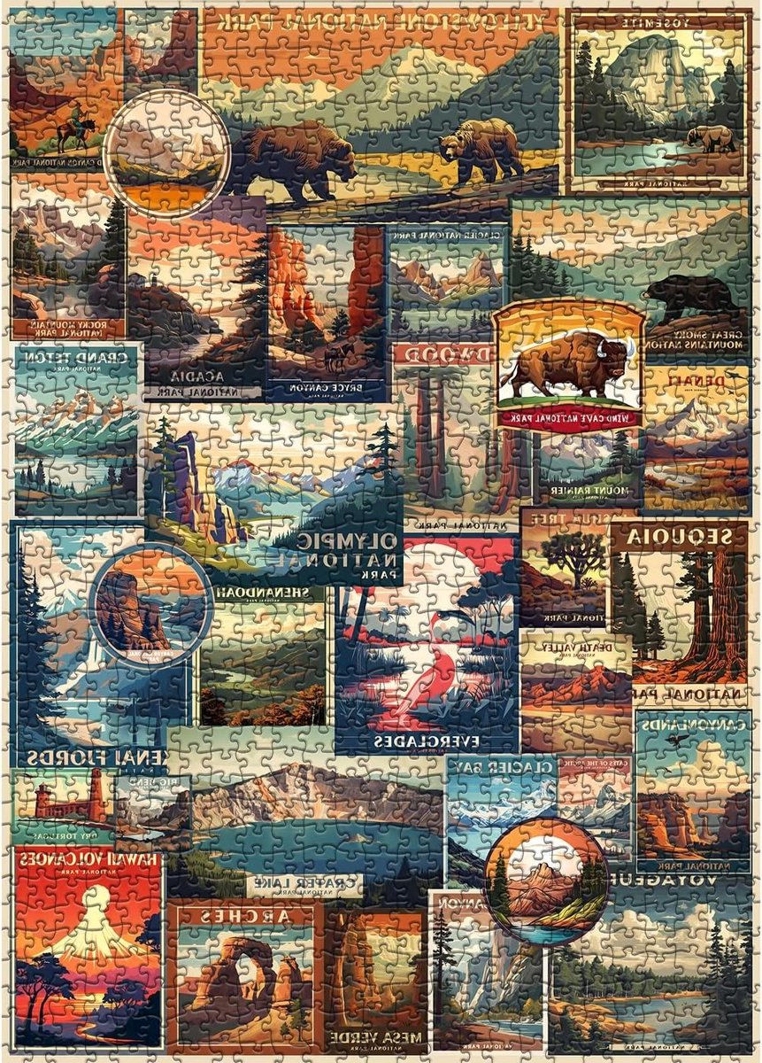 Nationale Parken Puzzel - Landschap Legpuzzel - Ontspannen Tijdverdrijf - 31 Verschillende Parken - 1000 Stukken - Vintage
