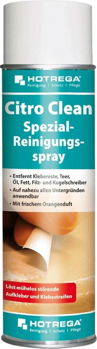 HOTREGA Citro Clean Spezial-Reinigungsspray 500 ml - Skuteczny spray czyszczący z cytrusowym zapachem do usuwania silikonu, kleju, naklejek, smoły, oleju i tłuszczu na różnych powierzchniach