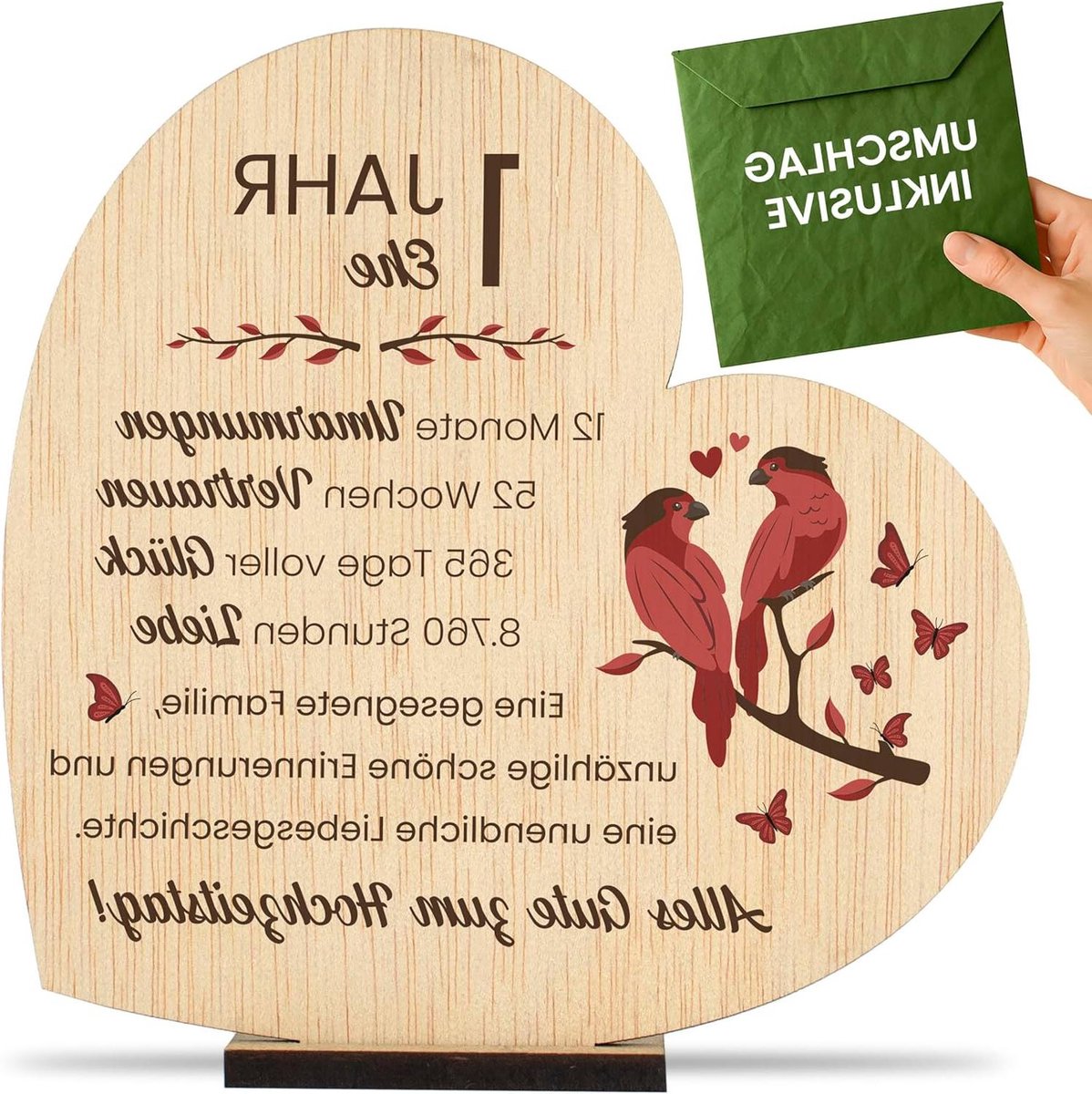 Houten Jubileumkaart - Gegraveerde Wenskaart - Eerste Jaar Vieren - Met Houten Standaard - 14 x 14 cm - Houtkleur