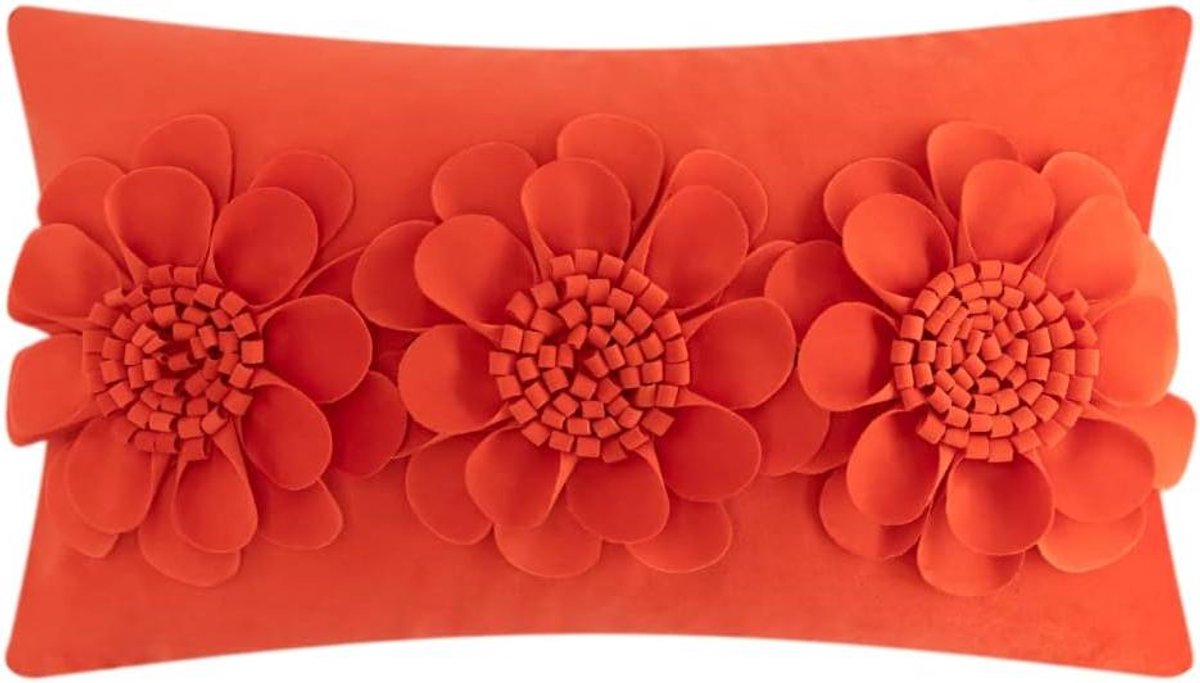 Sierkussenhoes met bloemen - Decoratief kussenhoes - Woonkamer decoratie - Handgemaakte 3D bloemen - 30 x 50 cm - Oranjerood