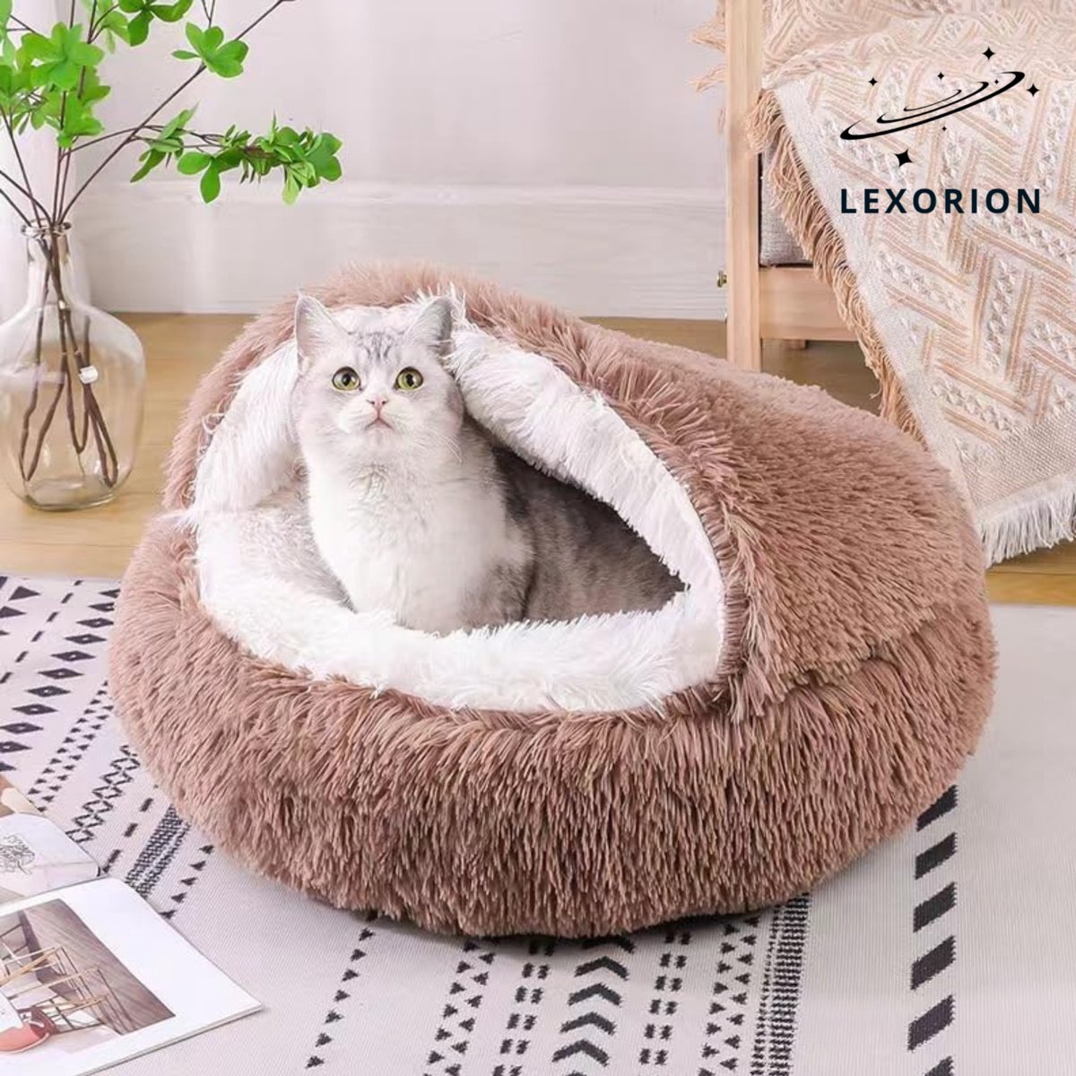 Kattenmand “Shell” Ø 60 cm – Luxe Pluche & Extra Gevuld – Comfortabel Halfgesloten Design – Antislip Bodem – Gradiënt Bruin