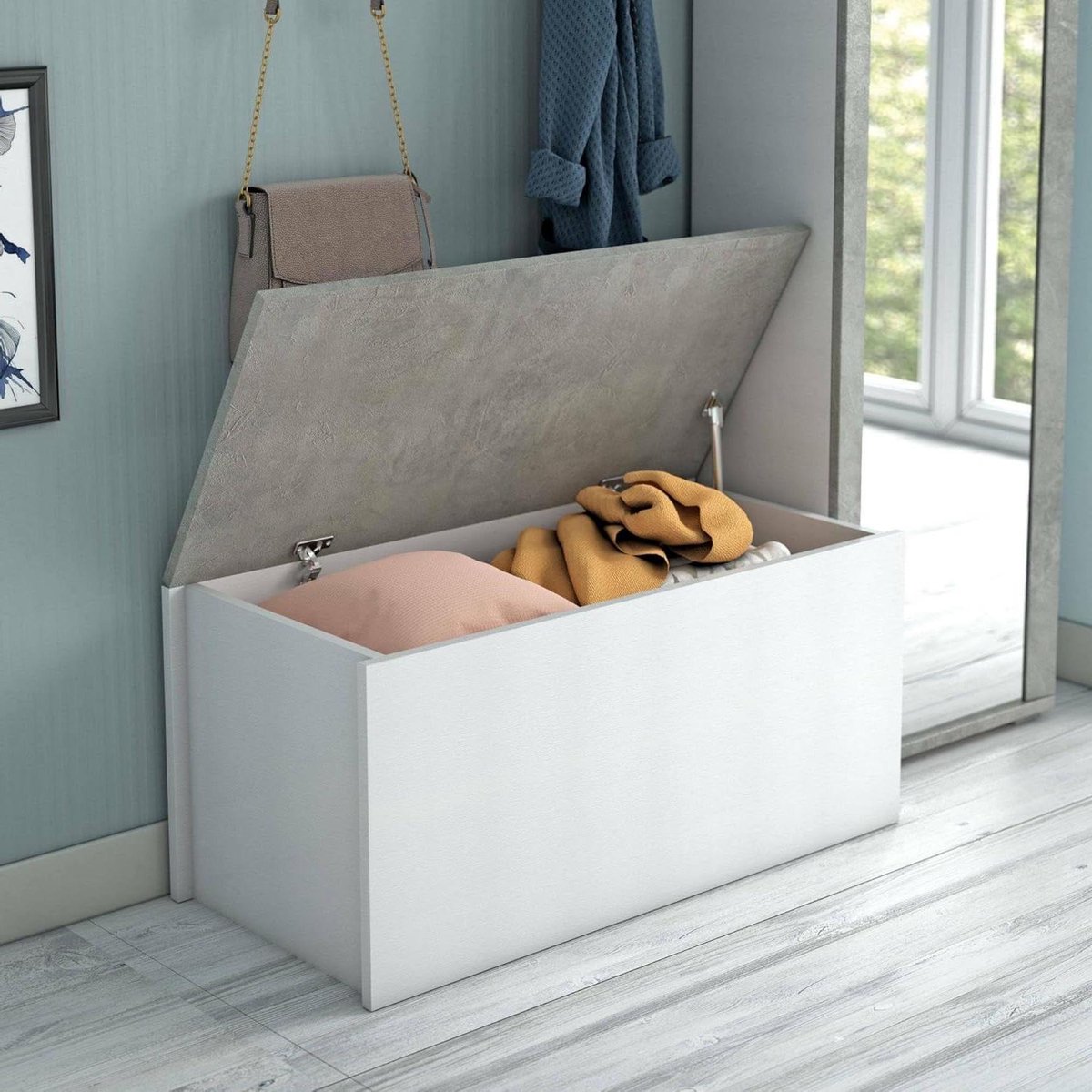 Opbergdoos - Moderne kist - Ruim Opbergen - Soft-close sluiting - 90x45x45 cm - Wit Beton