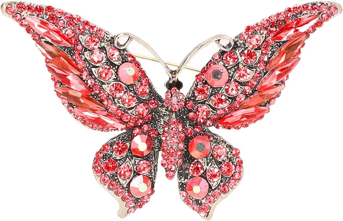 Kleurrijke Vlinder Speld met Kristallen Waterdril, Rode Edelstenen en Zilveren Veren voor Dames en Meisjes, Perfect voor Feestelijke Gelegenheden en Accessoires