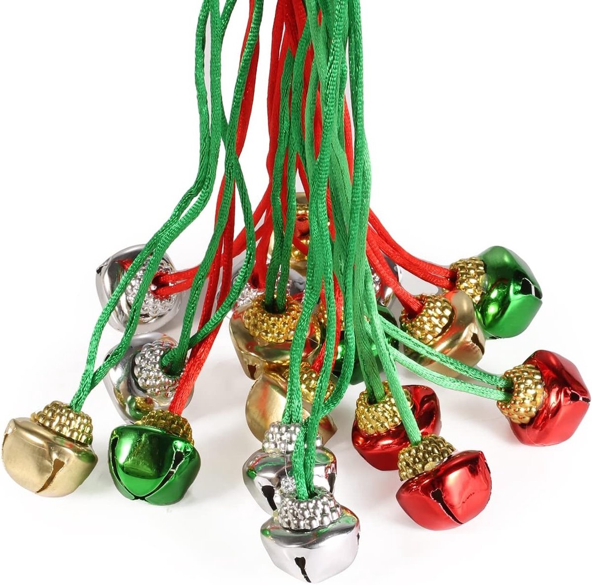 60 Stuks Kerst Jingle Bells Kettingen, Kleurrijke Grote Bel Kettingen met Touwen voor Feestelijke Decoratie (Rood, Groen, Zilver, Goud), Roestvrij Staal en Duurzaam Design