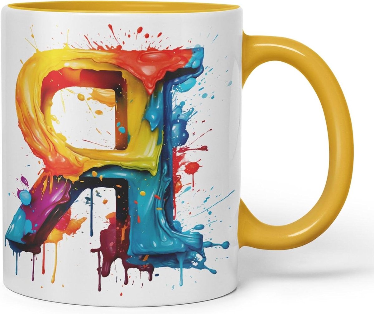 Letter R mok - Monogram mok beker - Koffie thee drinken - Aquarel ontwerp - 330ml - G Geel