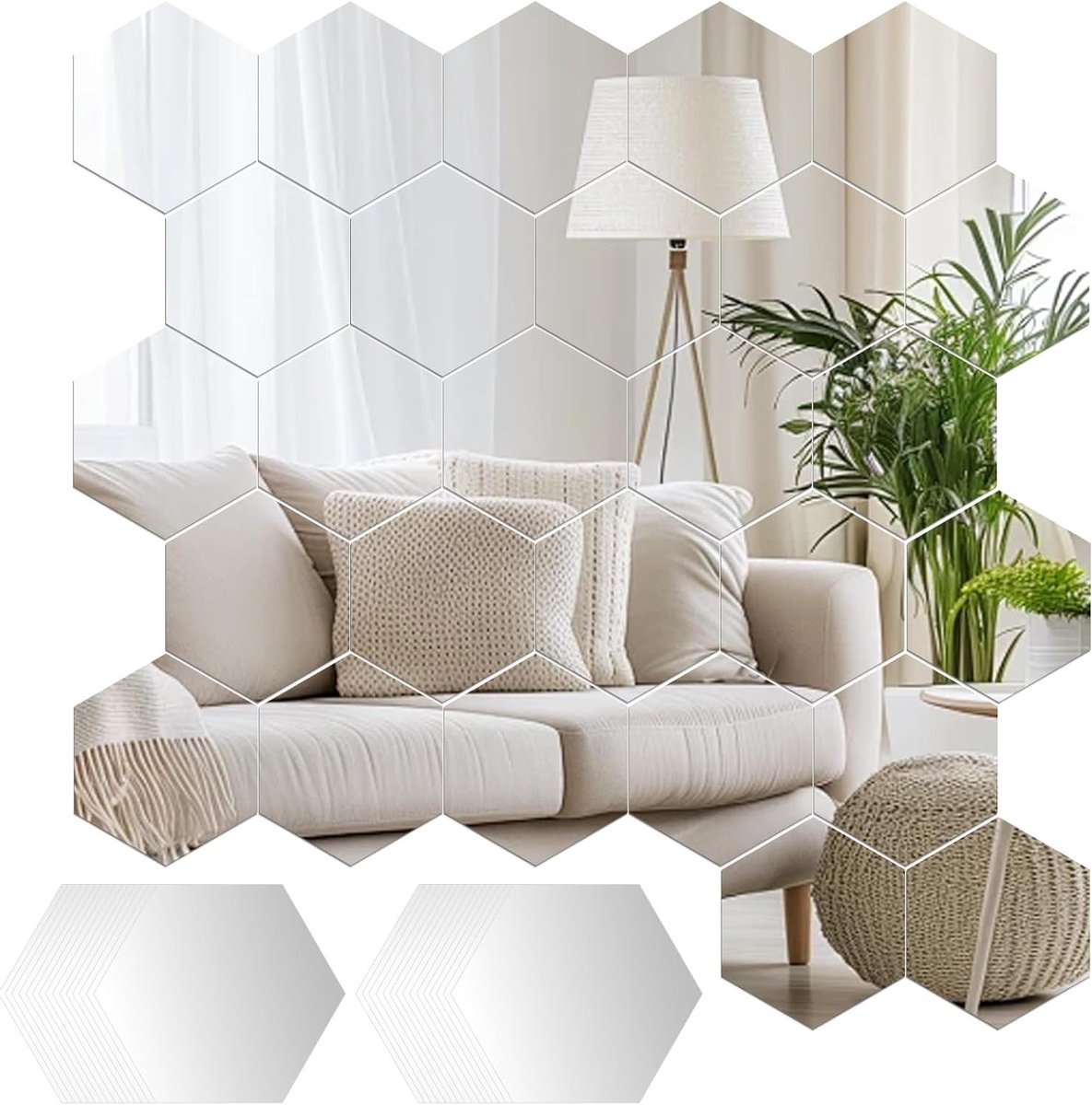 Set van 30 Zelfklevende Hexagon Spiegeltegels 12,7 x 11 x 6,3 cm voor Wanddecoratie, Interieurstyling en Slaapkamer Accessoires