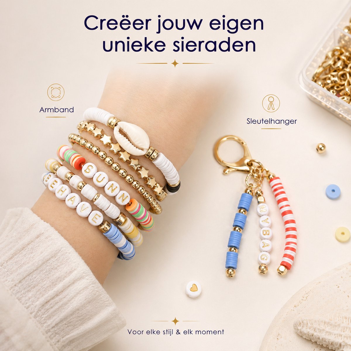 Behave Premium Katsuki Kralen Set - Knutselen Meisjes - Polymeer kralen - Kralenset - Platte kralen - Goudkleurig - Bedels - 28 Vakjes - 19 Kleuren - 6mm - Veel accessoires — afbeelding 9