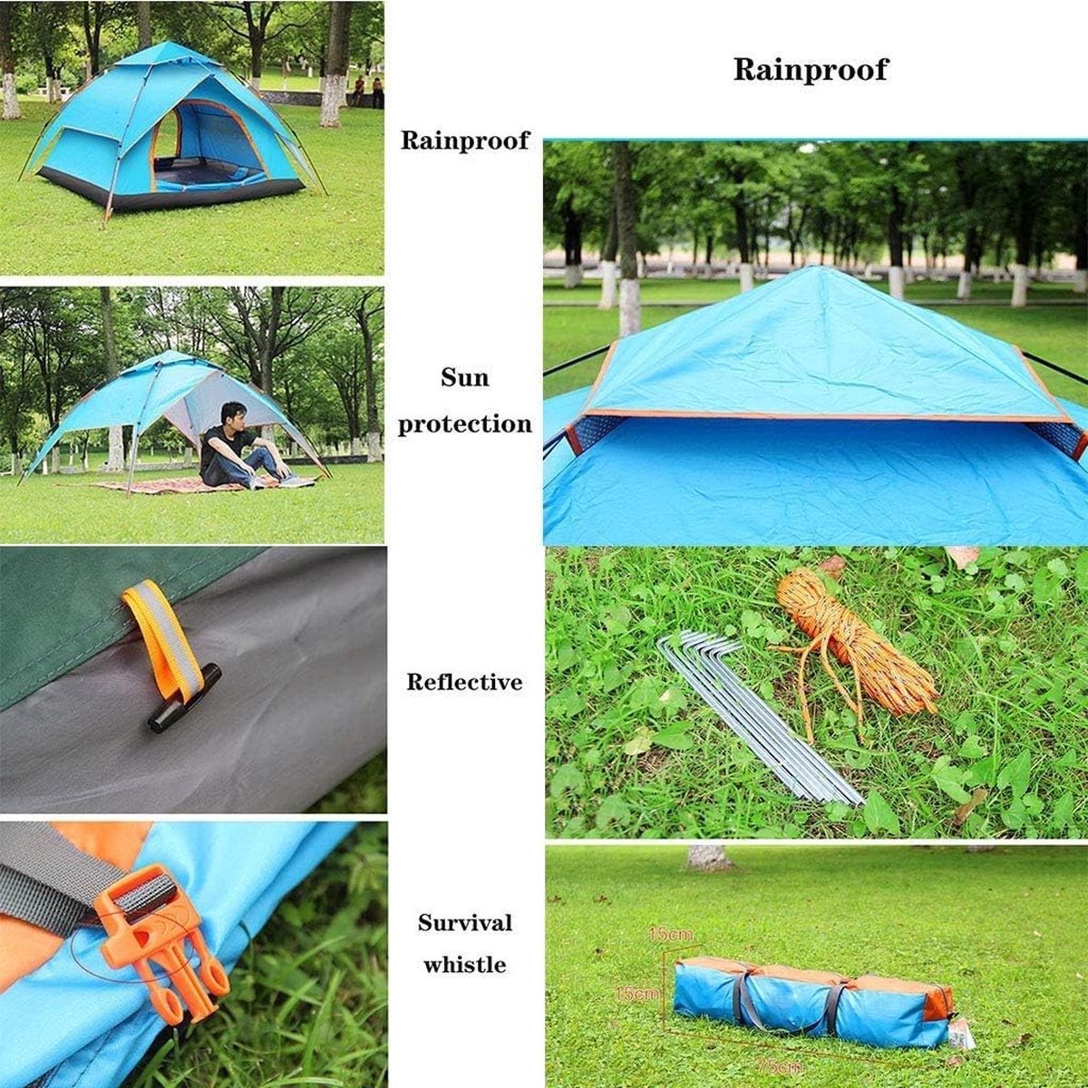 Webzon – Pop-up Tent 2-3 Personen 200x230x140 cm – Waterdicht 3000MM Automatische Kampeertent – Binnen 1 Minuut Opzetbaar – 210D Oxford – Festival, Strand, Camping & Outdoor – Muggengaas, Ventilatie & Draagtas – Blauw – foto 4