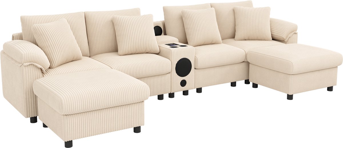 REDOM - Modulaire Hoekbank - Bluetooth-Luidspreker En Mediafunctie - Modern - Voor Woonkamer - Ribstof - Beige - 315,5 x 144 x 84,5 cm