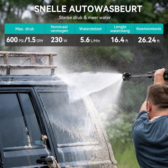 Draadloze hogedrukreiniger, 40 bar draagbare hogedrukreiniger met 1500mAh batterij, 6-in-1 multi-sproeimondstuk 5M slang voor auto, terras, tuin, hek, zwembad van Merkloos	 — afbeelding 4