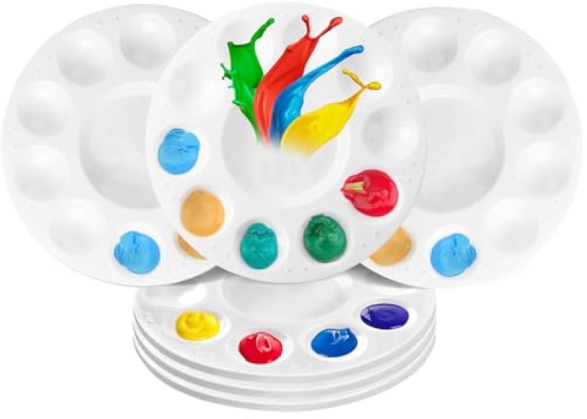PromoHome Set van 12 ronde mengpaletten 15,8 cm, kunststof palet met 11 mengvelden voor aquarel, acrylverf en olieverf, wit