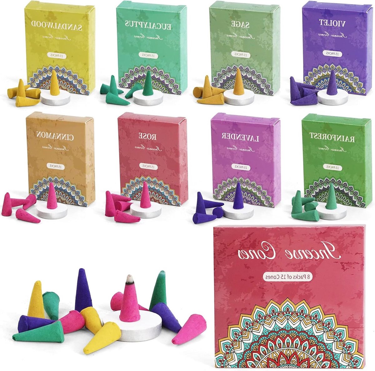 120 Stuks Rook Cones met 8 Geuren - Natuurlijke Wierook voor Meditatie, Yoga en Ontspanning