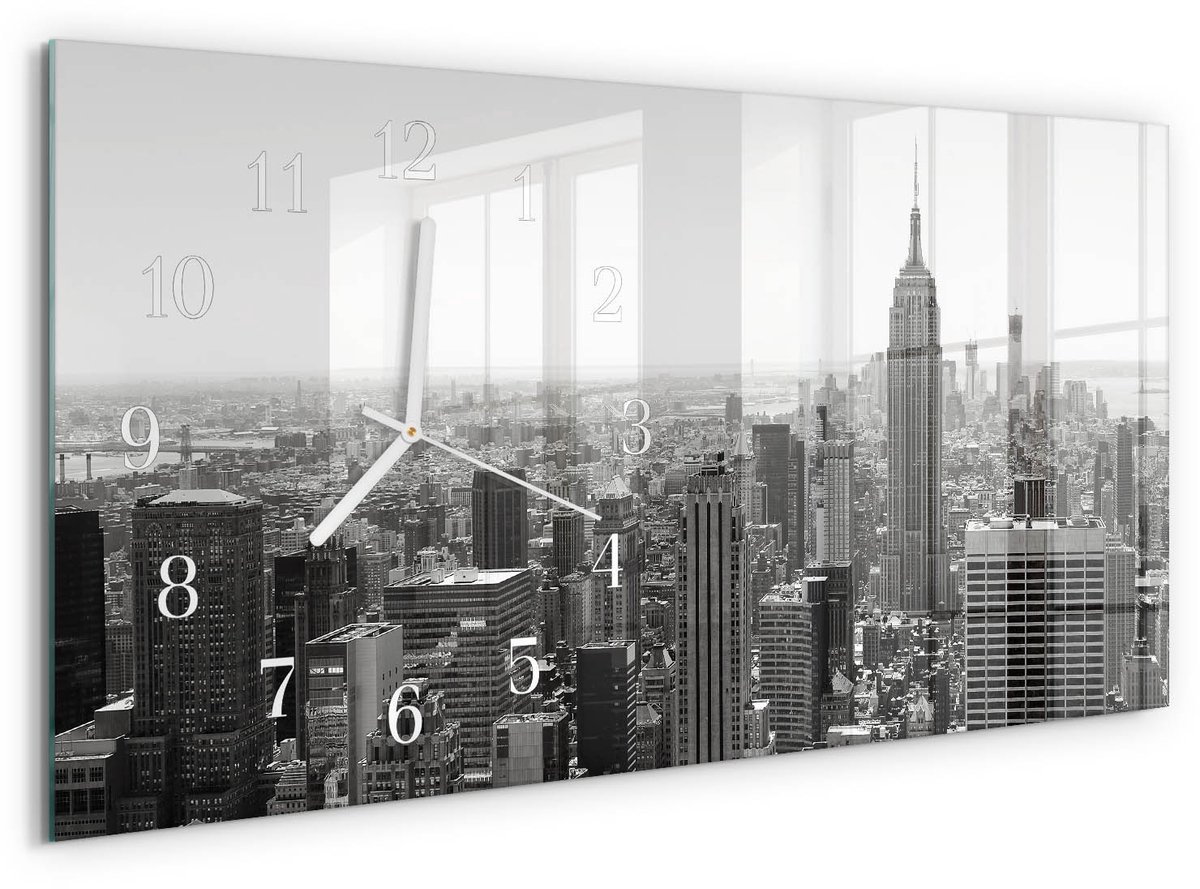 TULUP Wandklok - New York Wandklok Glas Met Motief - 60x30 cm - Zwart-wit Decoratieve Glazen Klok - Witte Handen - Rechthoekige Wandklok - Gekleurde Glazen Klok - Glazen Klok Met Print Zwart-wit - New York