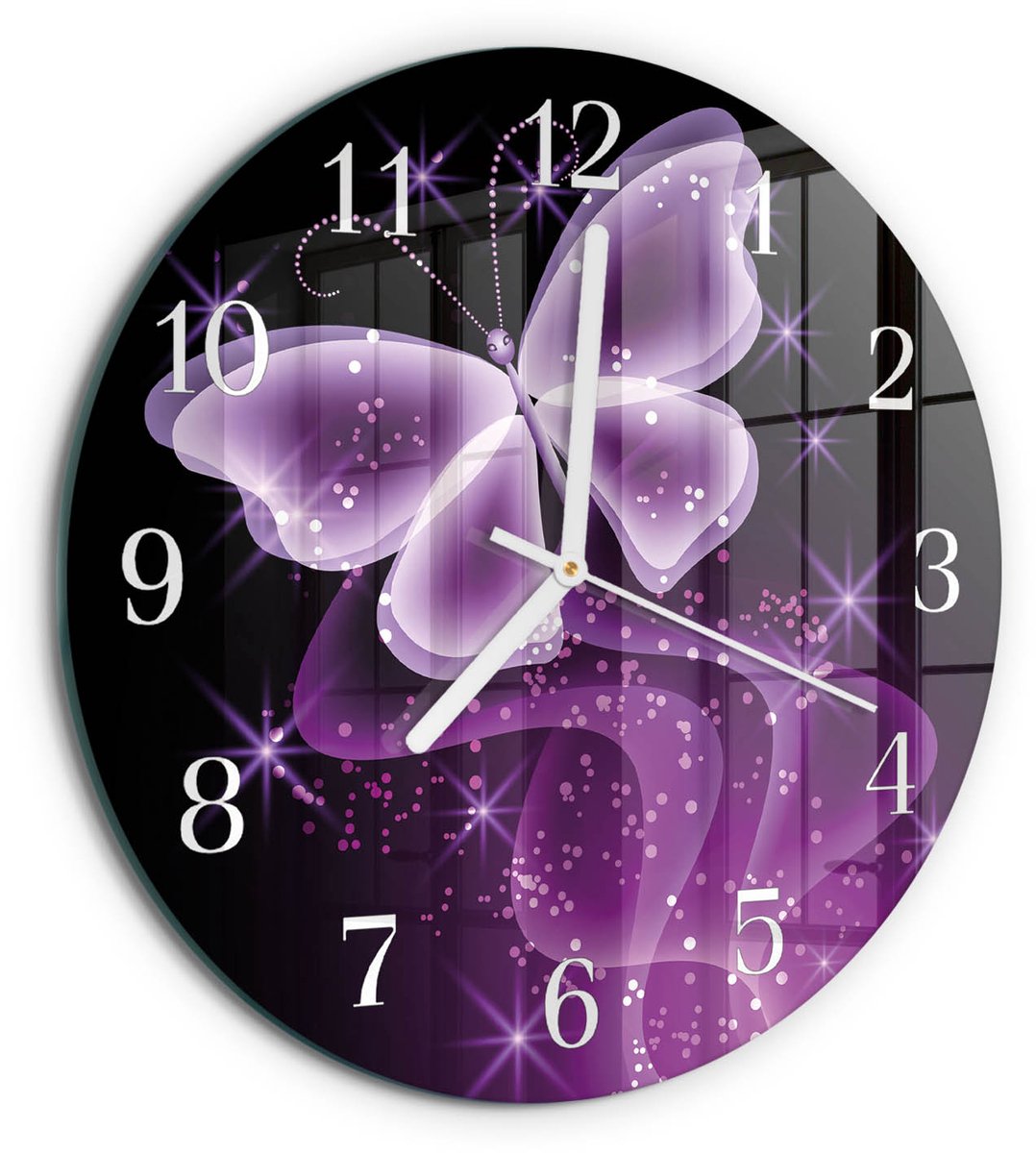 TULUP Wandklok - Vlinder Decoratieve Glazen Klok - 30fi cm - Paars Glazen Wandklok Design - Witte Handen - Ronde Wandklok - Wandklok Glas Met Motief - Decoratieve Glazen Klok Paars - Vlinder