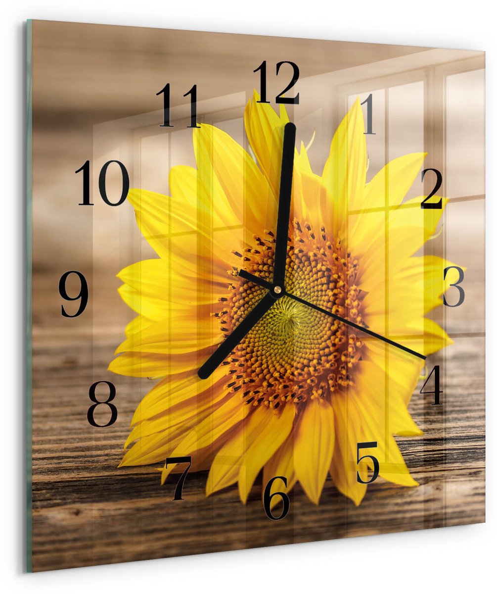 TULUP Wandklok - Zonnebloem Glazen Wandklok Design - 30x30 cm - Geel Klok Glas Met Opdruk - Zwarte Handen - Vierkante Wandklok - Moderne Wandklok Glas - Wandklok Glas Decoratie Geel - Zonnebloem