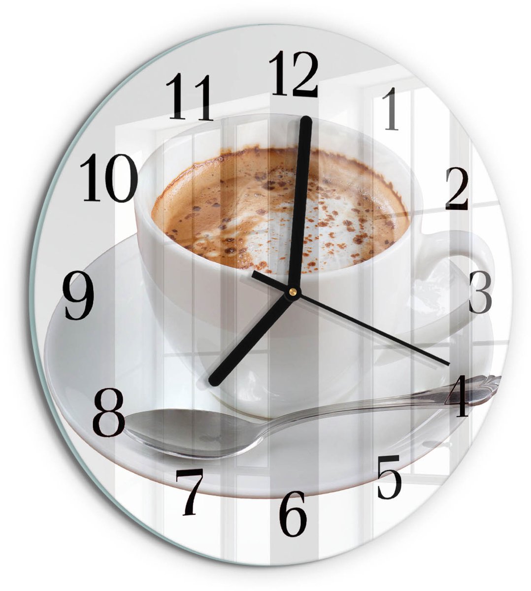 TULUP Wandklok - Koffie Glazen Wandklok Design - 30fi cm - Wit Klok Glas Met Opdruk - Zwarte Handen - Ronde Wandklok - Wandklok Glas Met Motief - Decoratieve Glazen Klok Wit - Koffie