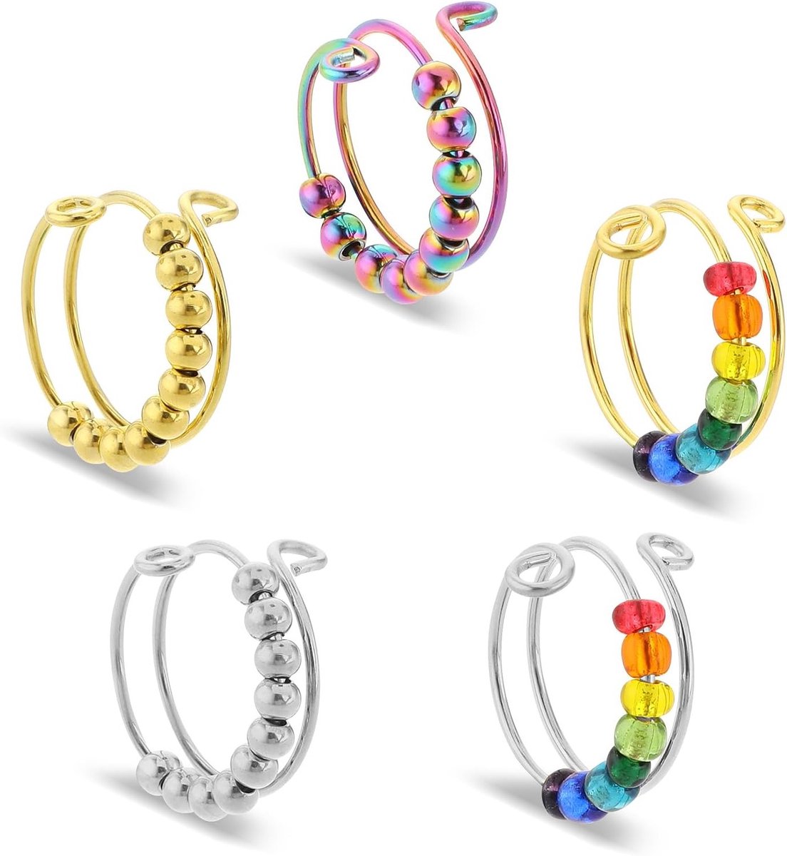 Set van 5 Verstelbare Anti-Stress Ringen voor Effectieve Angstverlichting met Parelontwerp, Perfect voor Vrouwen en Meisjes