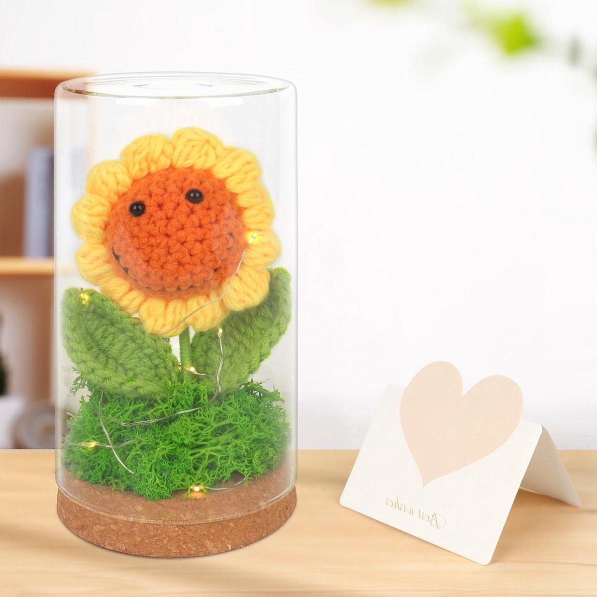 Handgemaakte Haakbloemen met Fairy Lights, Zonnebloem Decoratie als Bedankje voor Vrouwen, Vriendinnen en Moederdag Geschenken met Wenskaart