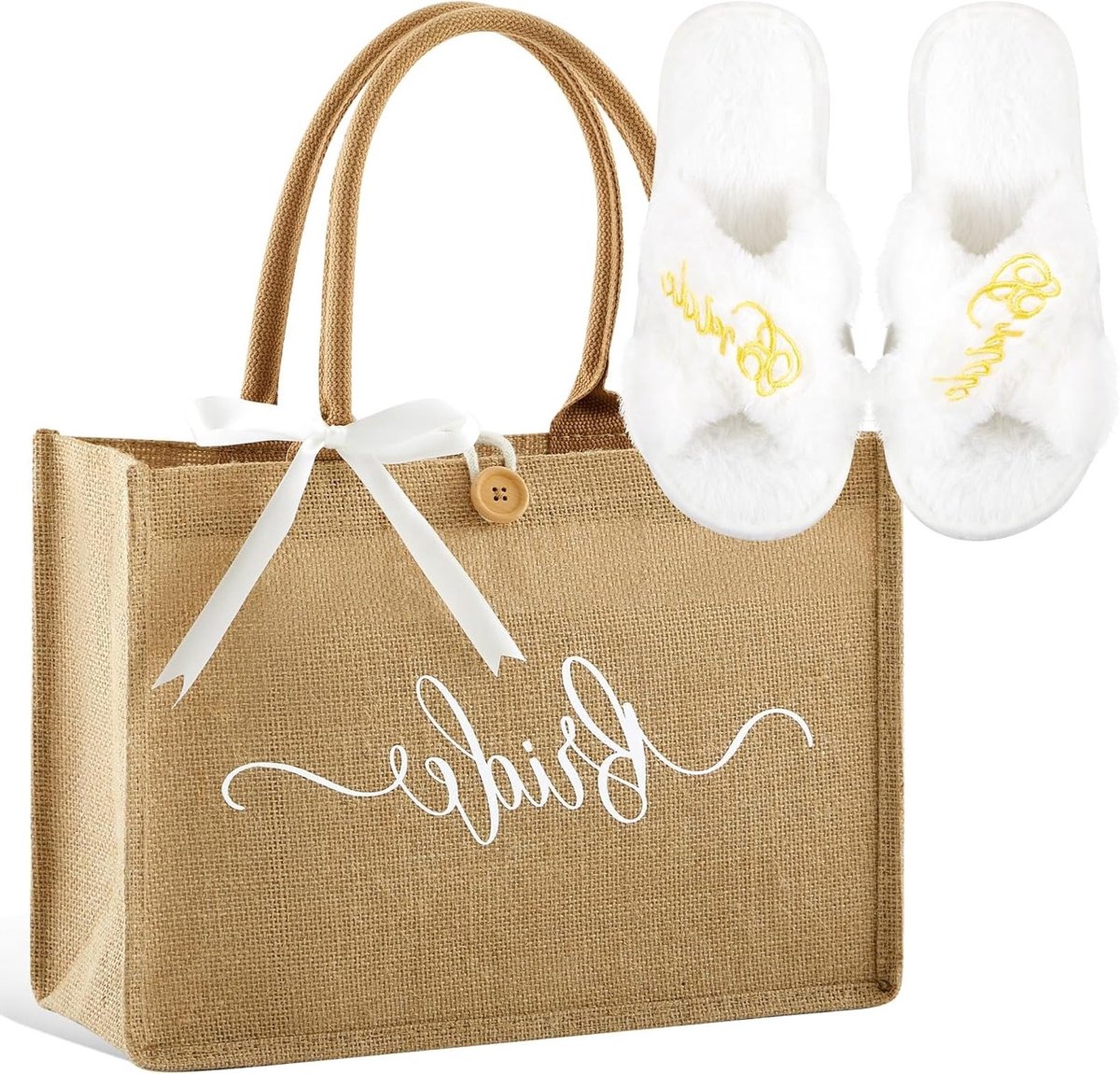 Set van 2 Jute Tote Tassen voor Bruidsaccessoires met Witte Borduring - Perfect als Cadeau voor Bruiloft, Vrijgezellenfeest en Bruidschoen