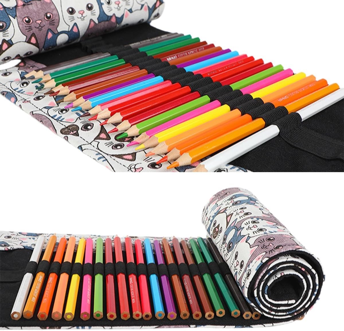 Canvas Potloodrol met 36 Gaten, Set van 2, Wasbare Roll-Up Etui voor Potloden, Cartoon Kat Design, Ideaal voor Kunstenaars en Scholen
