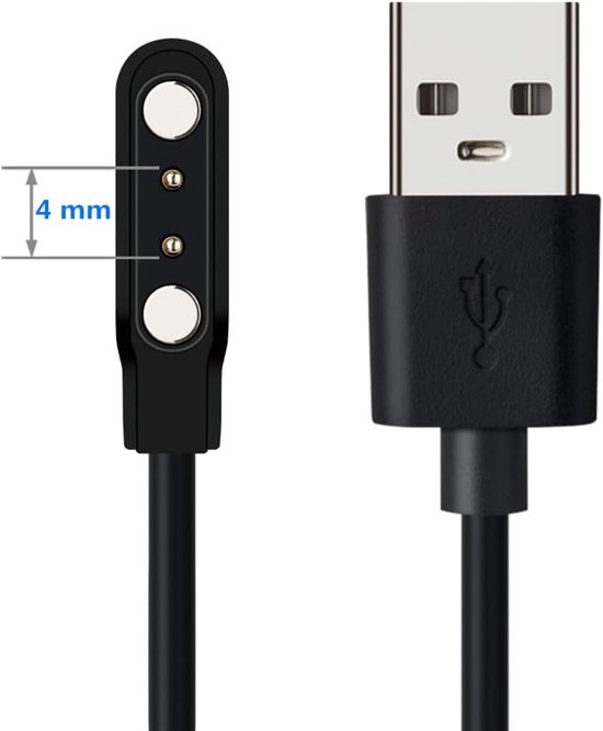 Close-up van een 4 mm magnetische smartwatch opladerp en een USB-stekker.
