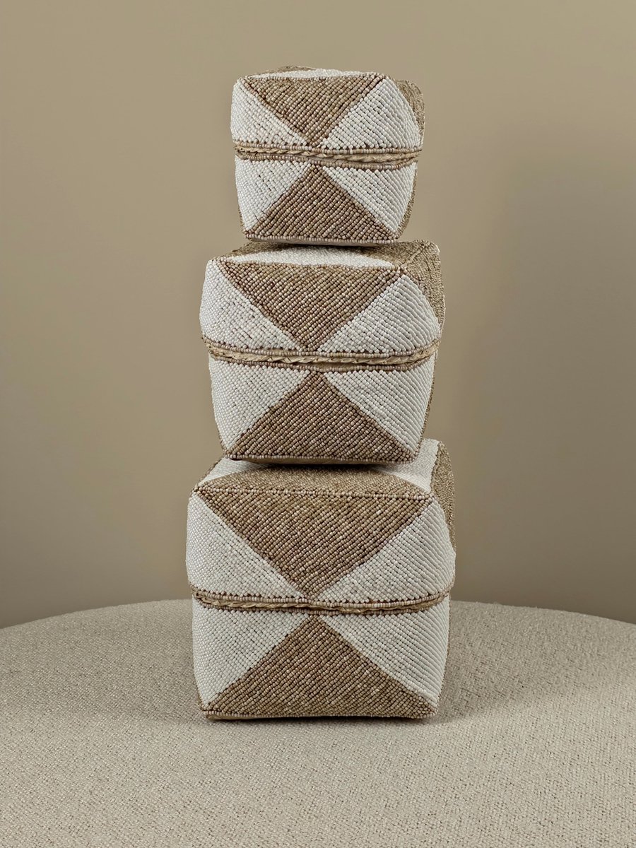 Blitzdeco - Balinese Offermandenset - Vayen - Handgemaakt Ruitpatroon - Wit Beige