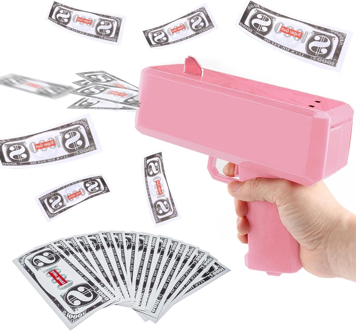 Speelgoed Geldpistool met 100 Nepgeldbiljetten voor Feesten, Filmsets en Verkleedpartijen, Roze Shooter voor Creatieve Spelletjes