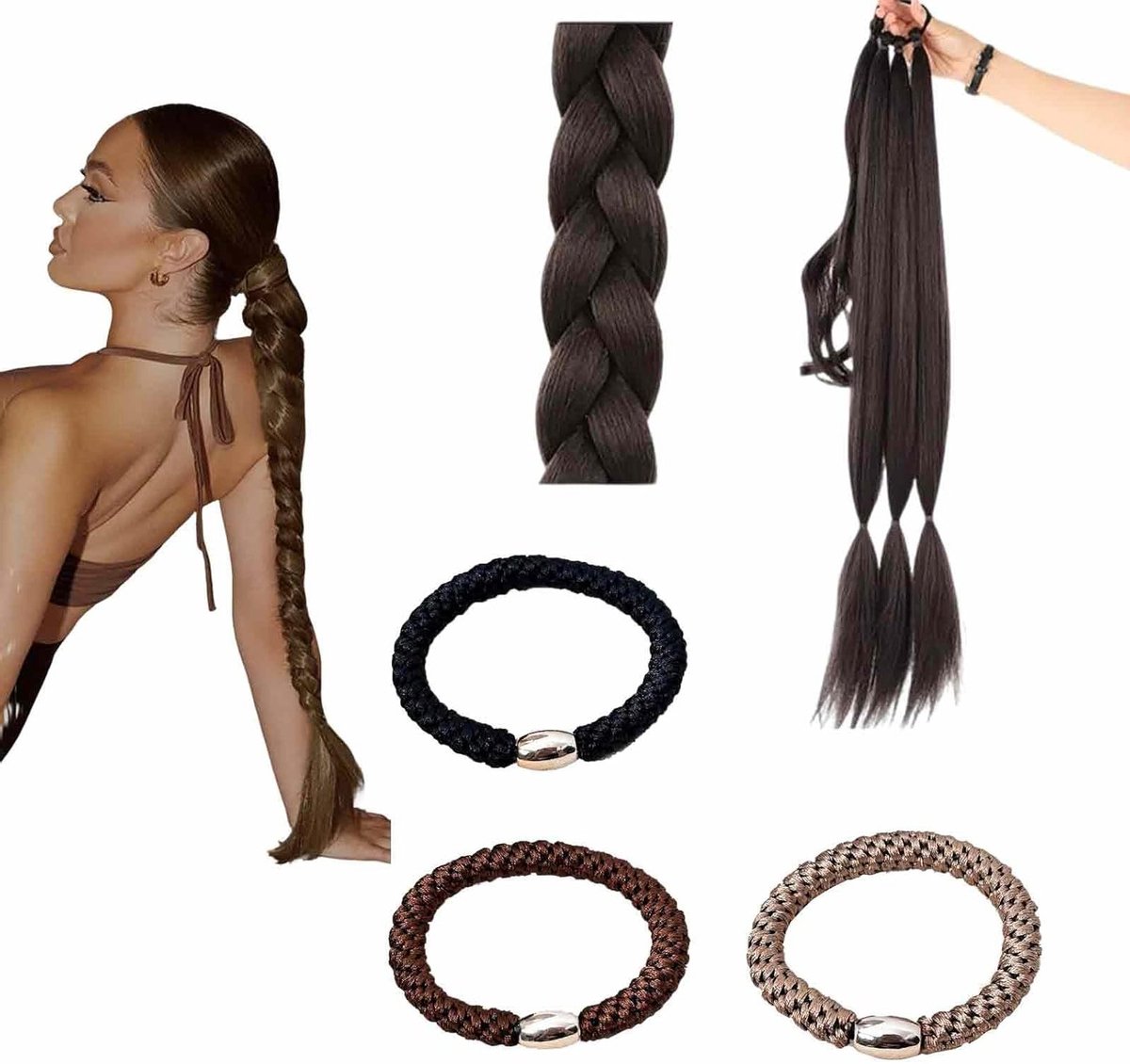 Ponytail Extension van 30 inch - Diepbruin, 150g, Geschikt voor Diverse Haarstijlen - Inclusief 3 Elastieken in Zwart, Bruin en Champagne voor een Volumineuze Look
