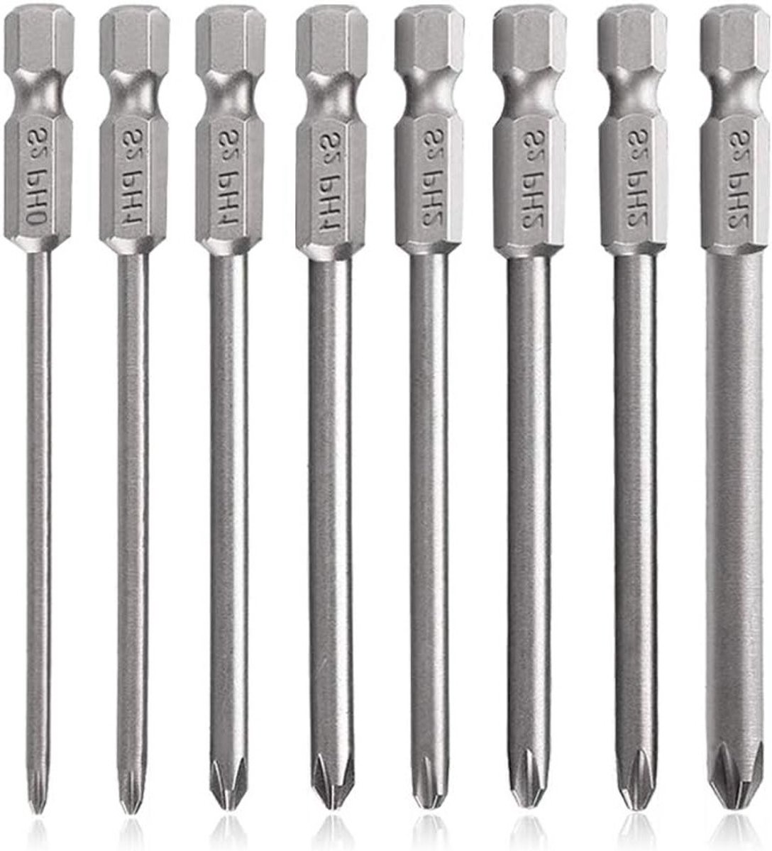 8-delige Magnetische Phillips Schroevendraaier Set met 1/4 Inch Hex Shank en S2 Staal - PH0/PH1/PH2, Lengte 75mm voor Precisiewerk en Klussen