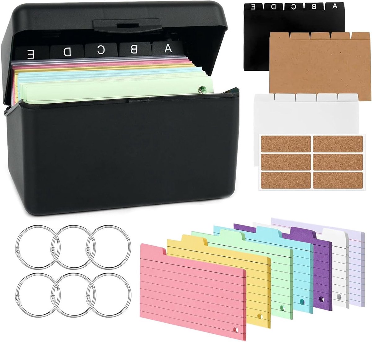 Zwarte Kaartdoos voor Leren, 14.5 x 8 x 9 cm, Inclusief 230 Gekleurde Indexkaarten, 15 Registers en 6 Stickers voor School en Notities