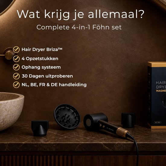 Wellshine Föhn met Diffuser - Ionische Haardroger voor Krullen & Stijl - Haarföhn - Reisföhn - Coolshot - 3 Standen - Föhn met Borstel - Incl. 4 Opzetstukken - Sèche Cheveux - Hairdryer - 1100W