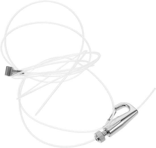 Wit ophangsysteem met metalen haak en draad, op een witte achtergrond.