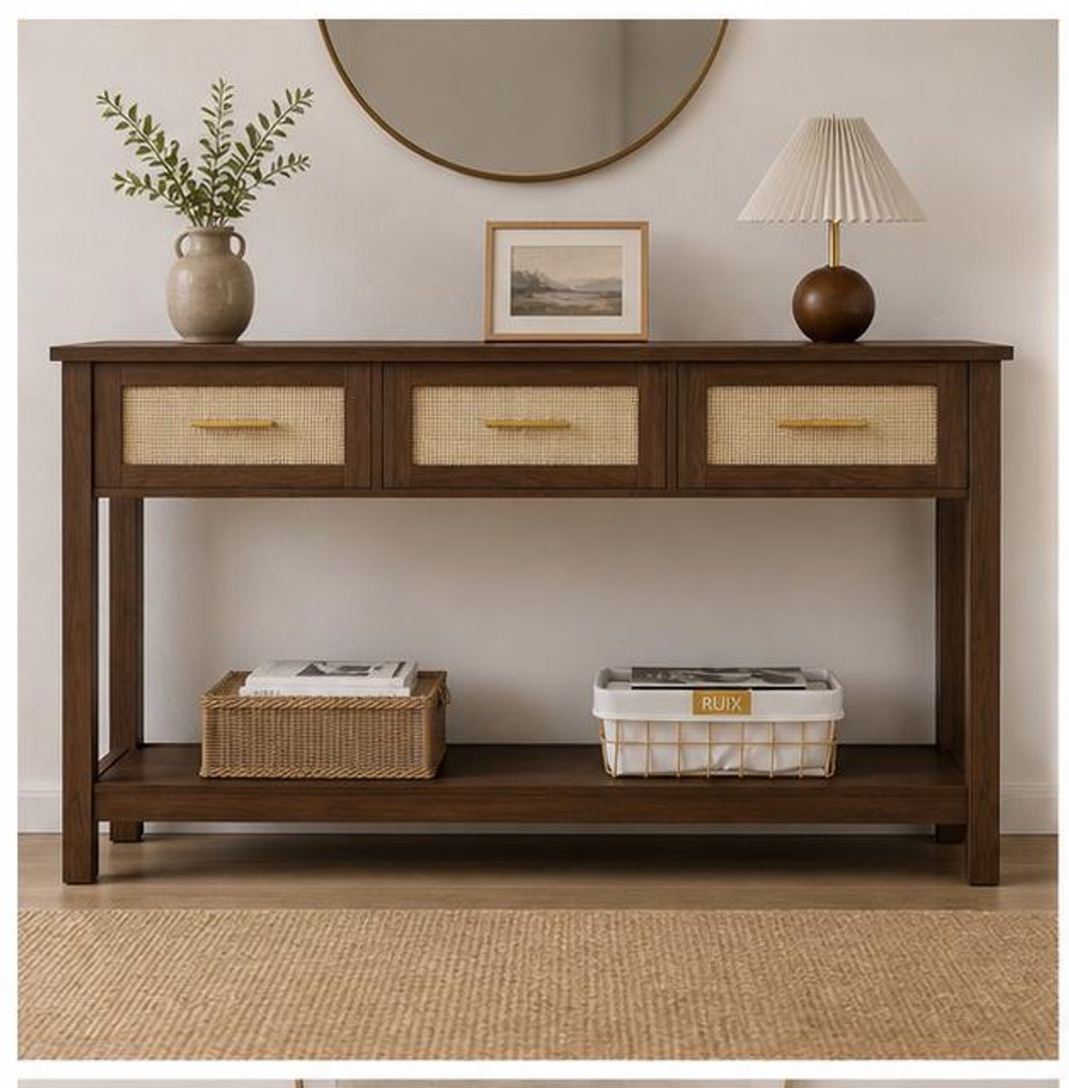 Consoletafel 120x30x80 cm – Smalle Walnoot Sidetable met 3 Lades en Open Plank, Boho Rattan Haltafel voor Hal, Woonkamer en Achter Bank – Dader