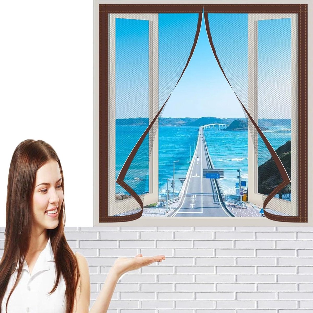 Raamhor - Vliegengaas - Insecten buitenhouden - Magnetische sluiting - 120x137 cm - Bruin