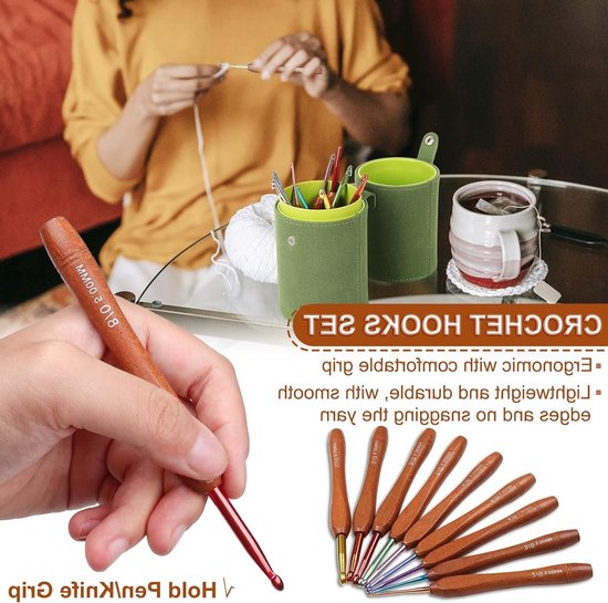 Ergonomische Haaknaalden Set van 9 Stuks met Houten Handvat en Kleurige Aluminium Kop voor Beginners en Mensen met Artritis, Inclusief Groene Opbergdoos van Merkloos — afbeelding 5