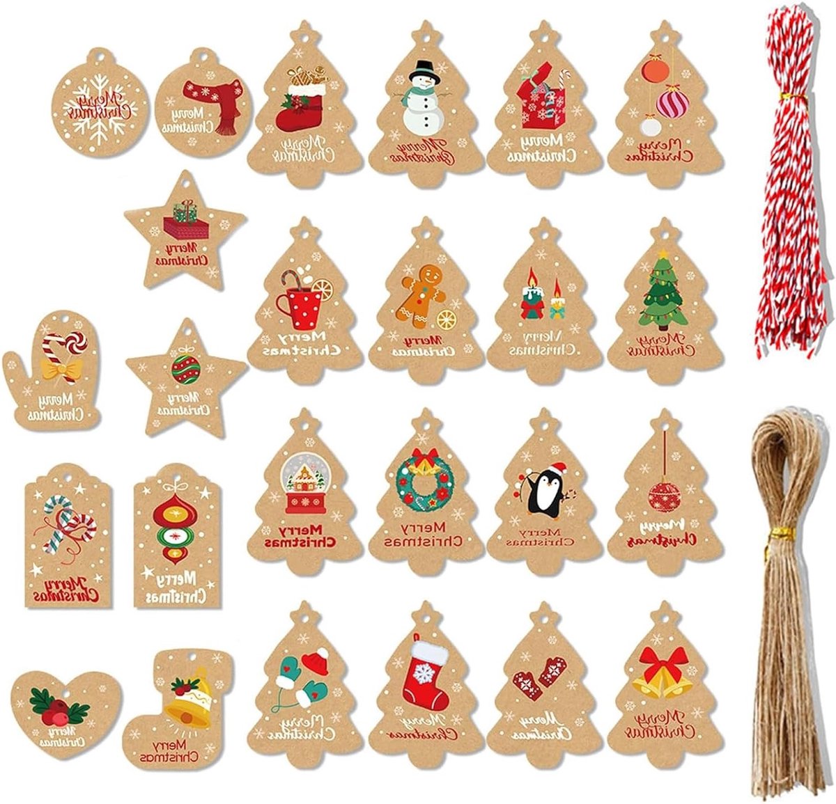 25m Rood Groene Bakkerstouw van Natuurlijke Jute, 2mm Dikke Koord, Scheurvast met 100 Stuks Cadeautags en Bruine Kraftpapier Labels voor DIY Cadeauverpakking en Decoratie