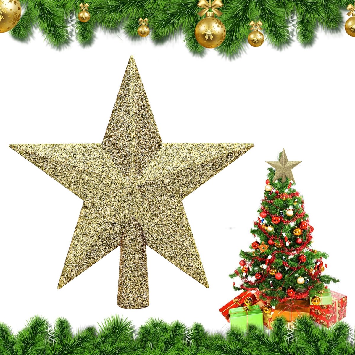 aladdien - Kerstboompiek - Kleine Boom Topper - Glitter Sterren decoratie - Goudkleurig - Kerstversieringen - Geschikt voor feestelijke decoratie - ...