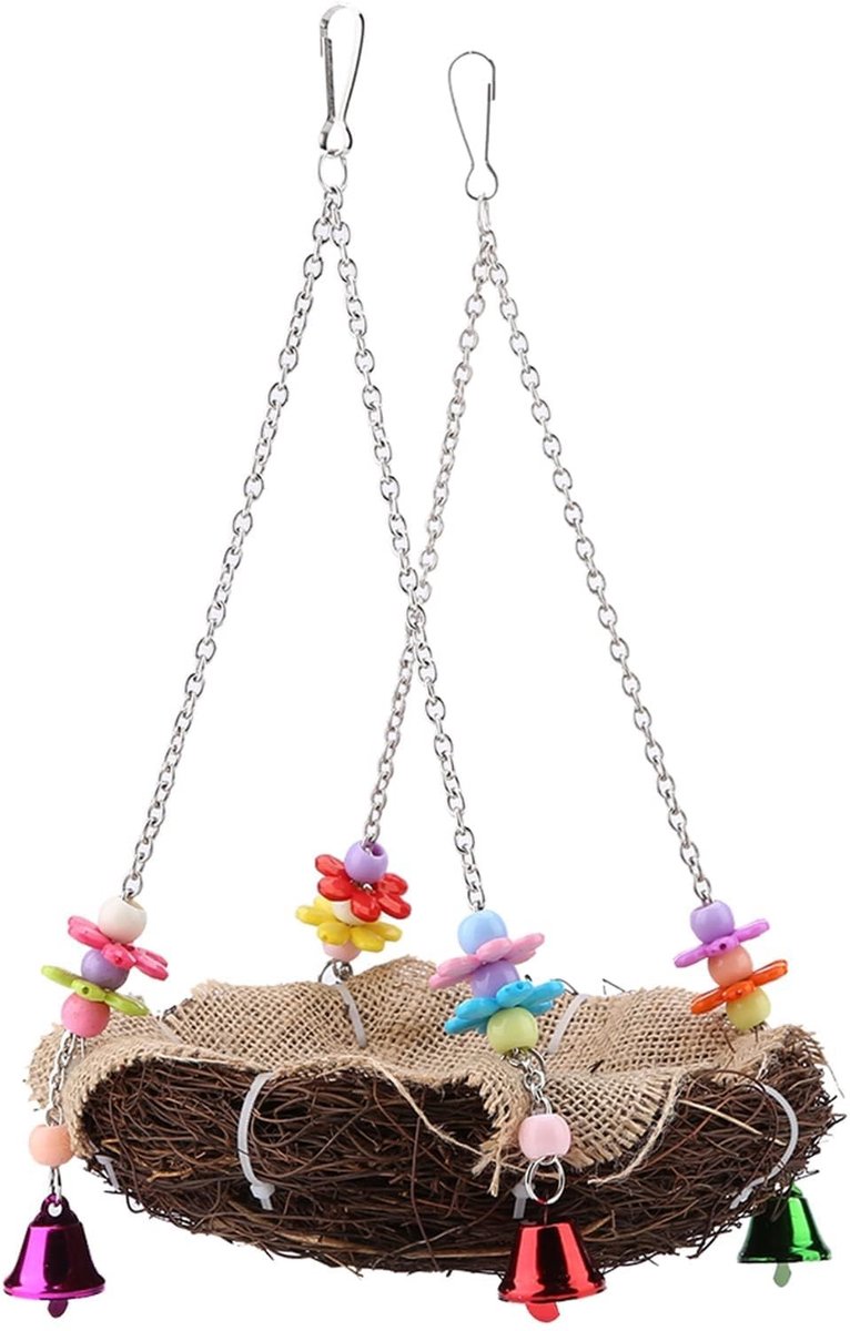 Dailygoods- Hangmat met Bellen - Vogel Rotan Nest - Schommelspeelgoed - Kaketoe/Ara - Interactief Speelgoed - Duurzaam Ontwerp - Vogelnest
