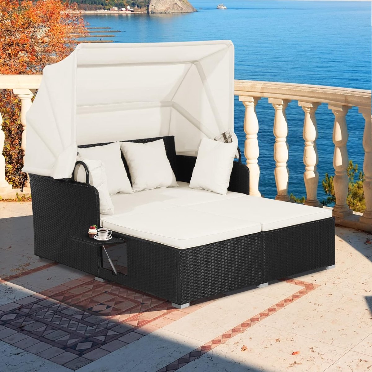 Zonne-eiland 2 Personen met Opvouwbaar Dak – Luxe Dubbel Ligbed Outdoor met Kussens & Klaptafels – Rotan Tuin Loungeset / Dagbed – Zwart Beige – ABTkantoor
