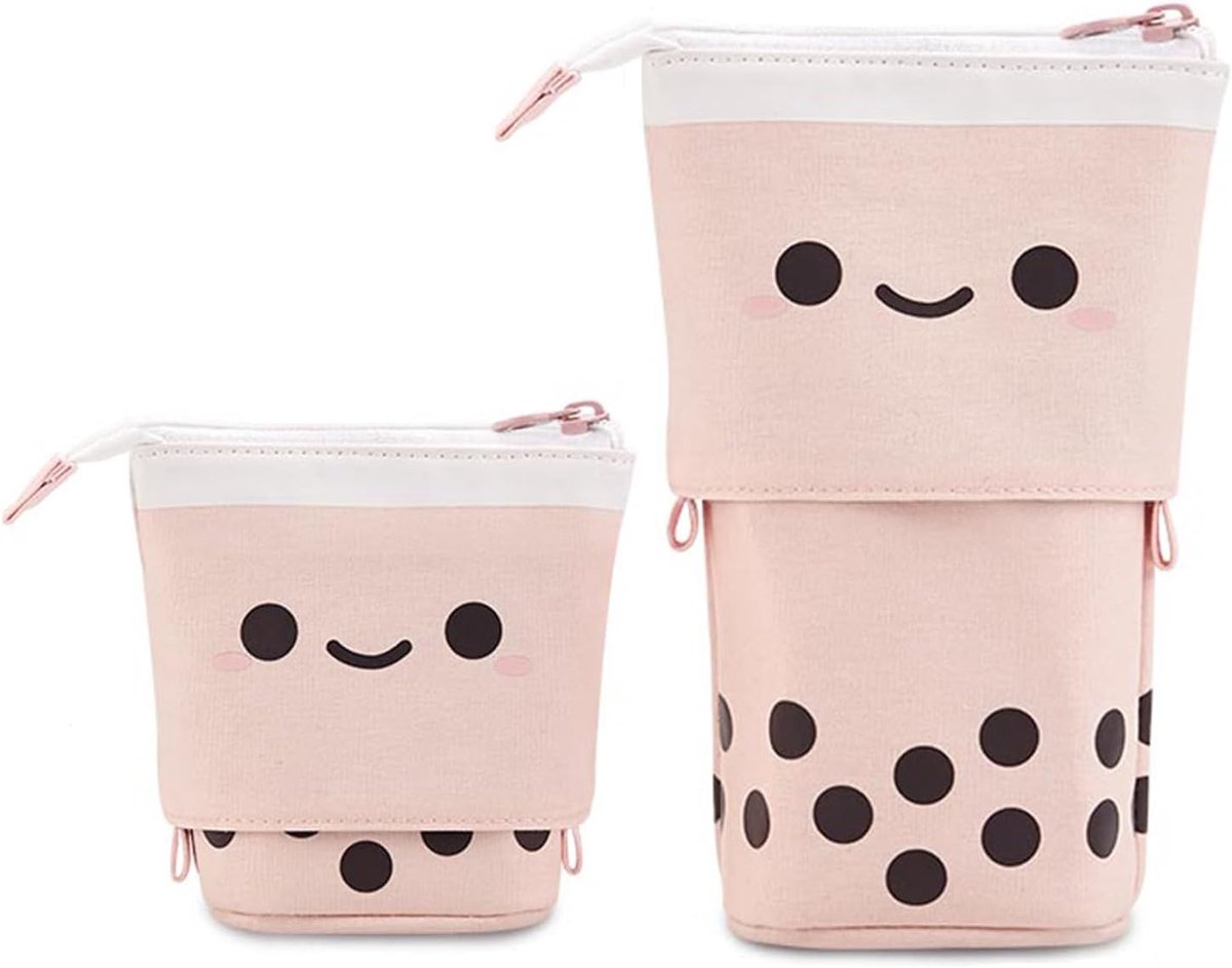 Grote Roze Pennenzak met Rits, Kawaii Bubble Tea Penhouder, Schattige Schoolbenodigdheden voor Meisjes en Volwassenen