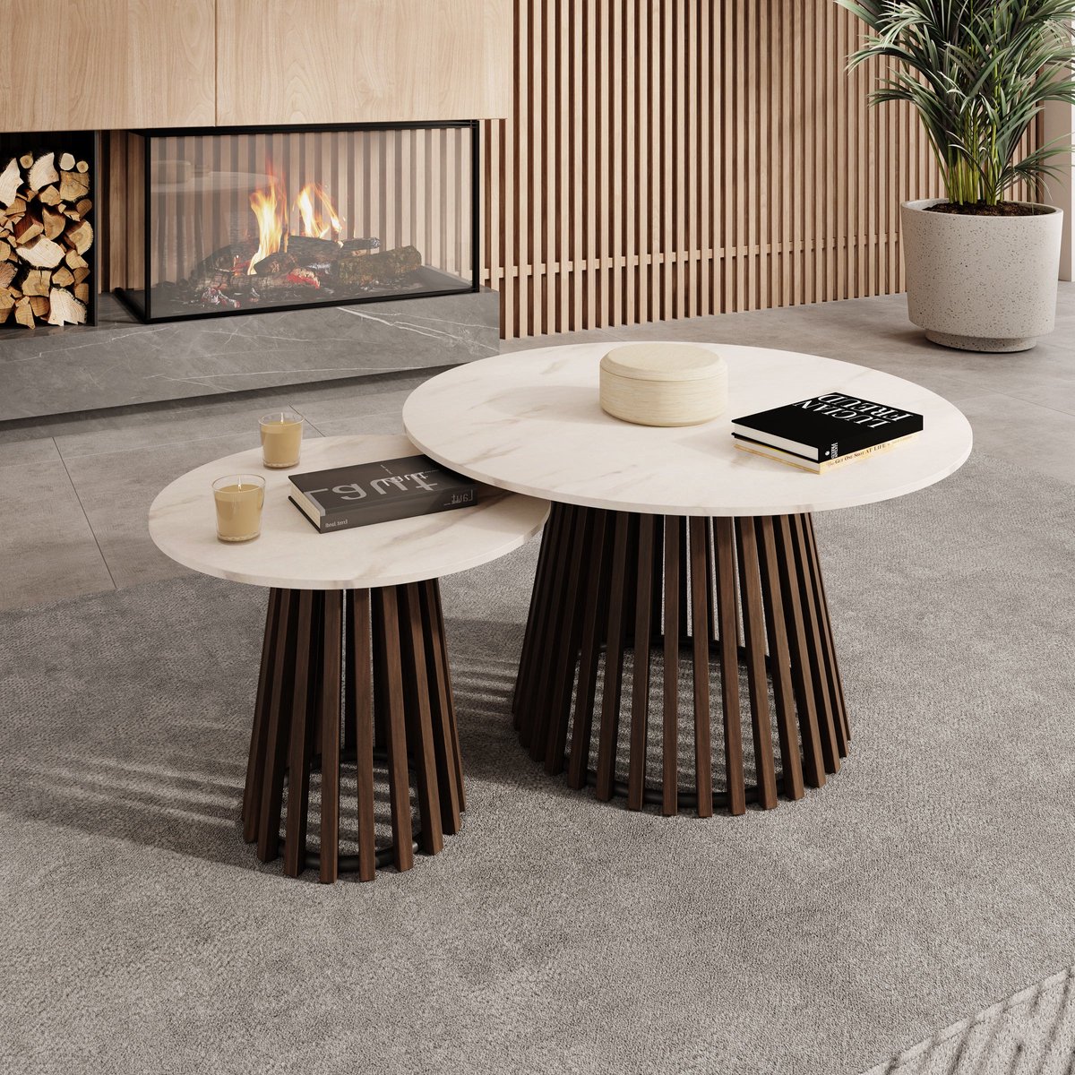 Meubella - Maroa - Salontafel set van 2 - Walnootpatroon/Marmerlook