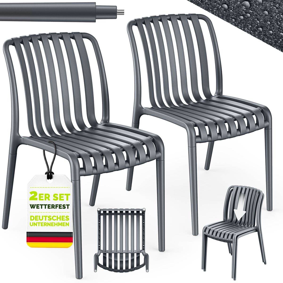 tillvex® Tuinstoelen 2-delige Set Stapelbaar Weerbestendig zonder Armleuning | Outdoor Stoelen tot 120kg Belastbaar | Tuinstoelen Outdoor | Terrasstoel Tuinmeubelen Balkon Tuin Terras