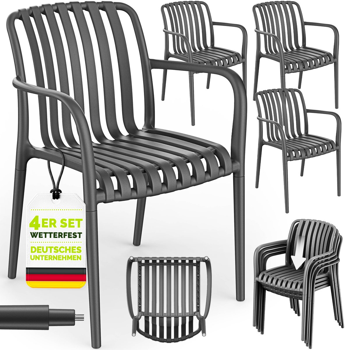 tillvex® Tuinstoelen 4-delige Set Stapelbaar Weerbestendig met Armleuning | Outdoor Stoelen tot 120kg Belastbaar | Tuinstoelen Outdoor | Terrasstoel Tuinmeubelen Balkon Tuin Terras